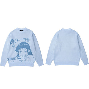 SENSELESS 20 Anime Knit Sweater Blue, M - Streetwear Sweater - Slick Street