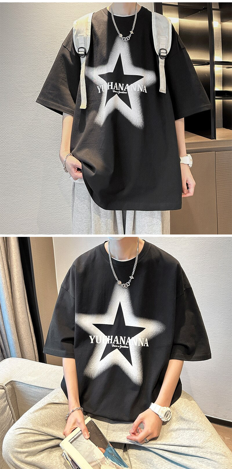 YUEHANANNA Double Shaded Star Graphic T-Shirt , - Streetwear T-Shirts - Slick Street