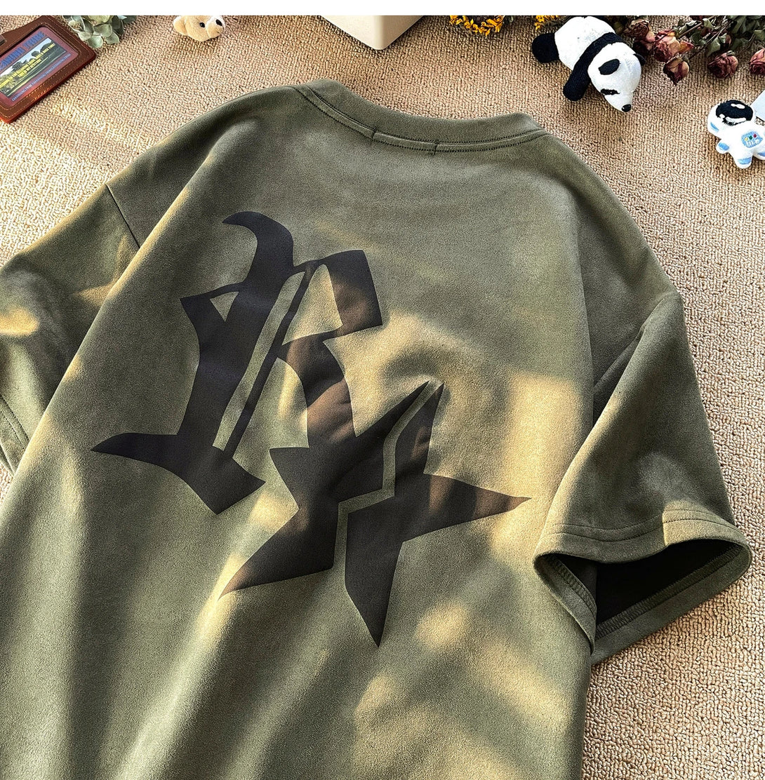 Elegant Capital R With Star Embossed T-Shirt Army Green, XXS - Streetwear T-Shirt - Slick Street