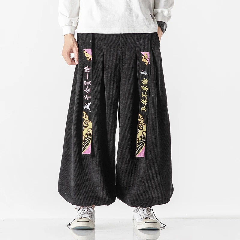 Corduroy Embroidered Baggy Style Pants XS, Black - Streetwear Pants - Slick Street