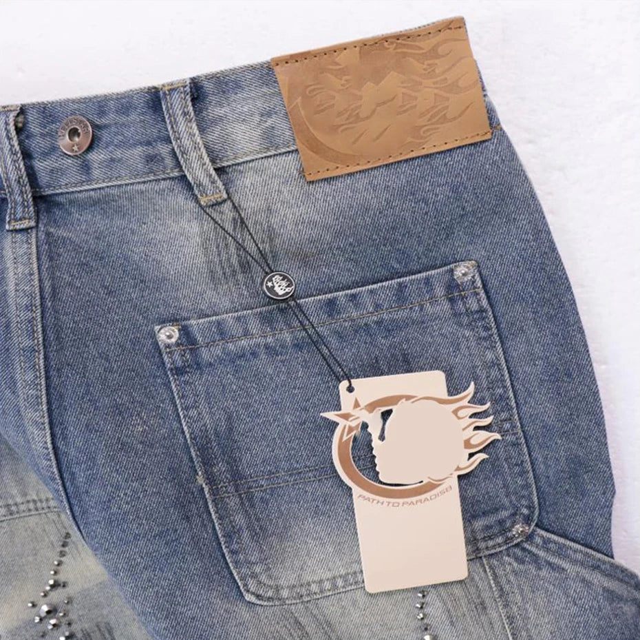 Fire Diamond Denim Rhinestone Shorts , - Streetwear Shorts - Slick Street