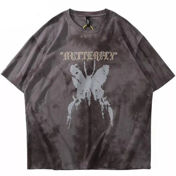 Tie Die Butterfly Graphic Loose T-Shirt Brown, M - Streetwear T-Shirt - Slick Street