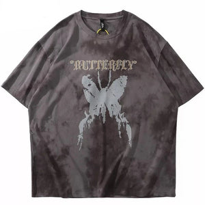 Tie Die Butterfly Graphic Loose T-Shirt Brown, M - Streetwear T-Shirts - Slick Street
