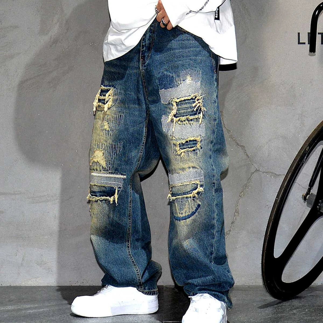 AM26 Ripped Patch Washed Jeans , - Streetwear Jeans - Slick Street