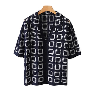 V-Neck Knitted Short Sleeve Shirt Blue, S - Streetwear Shirt - Slick Street