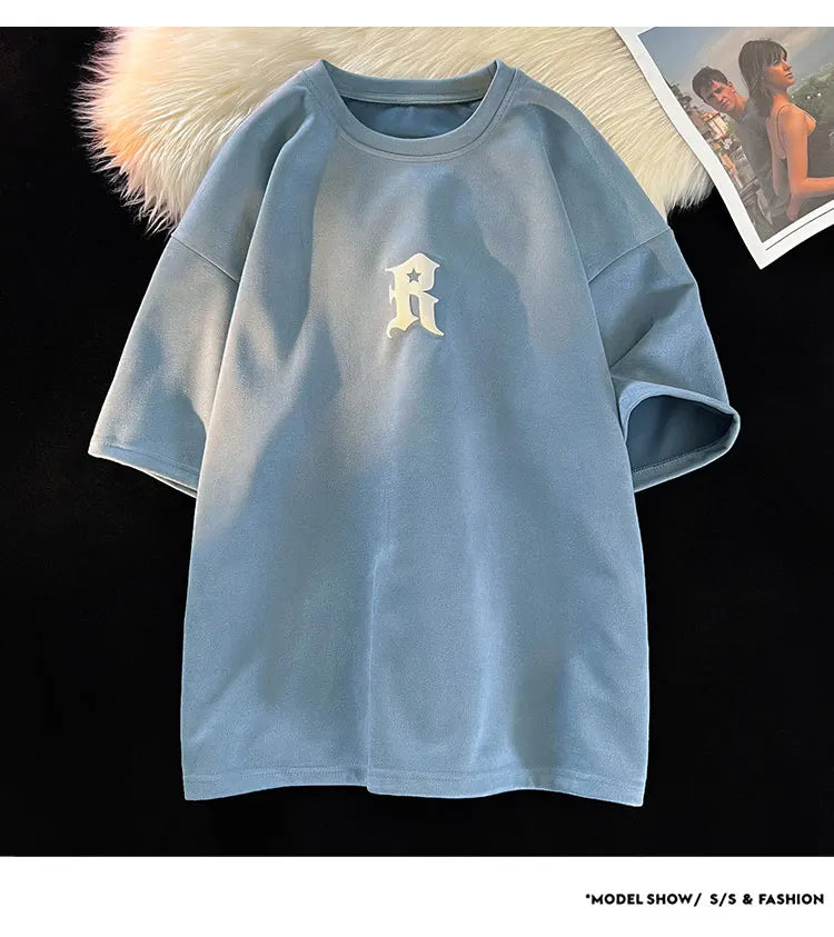 Letter R Foaming Embroidery Loose T-Shirt , - Streetwear T-Shirts - Slick Street