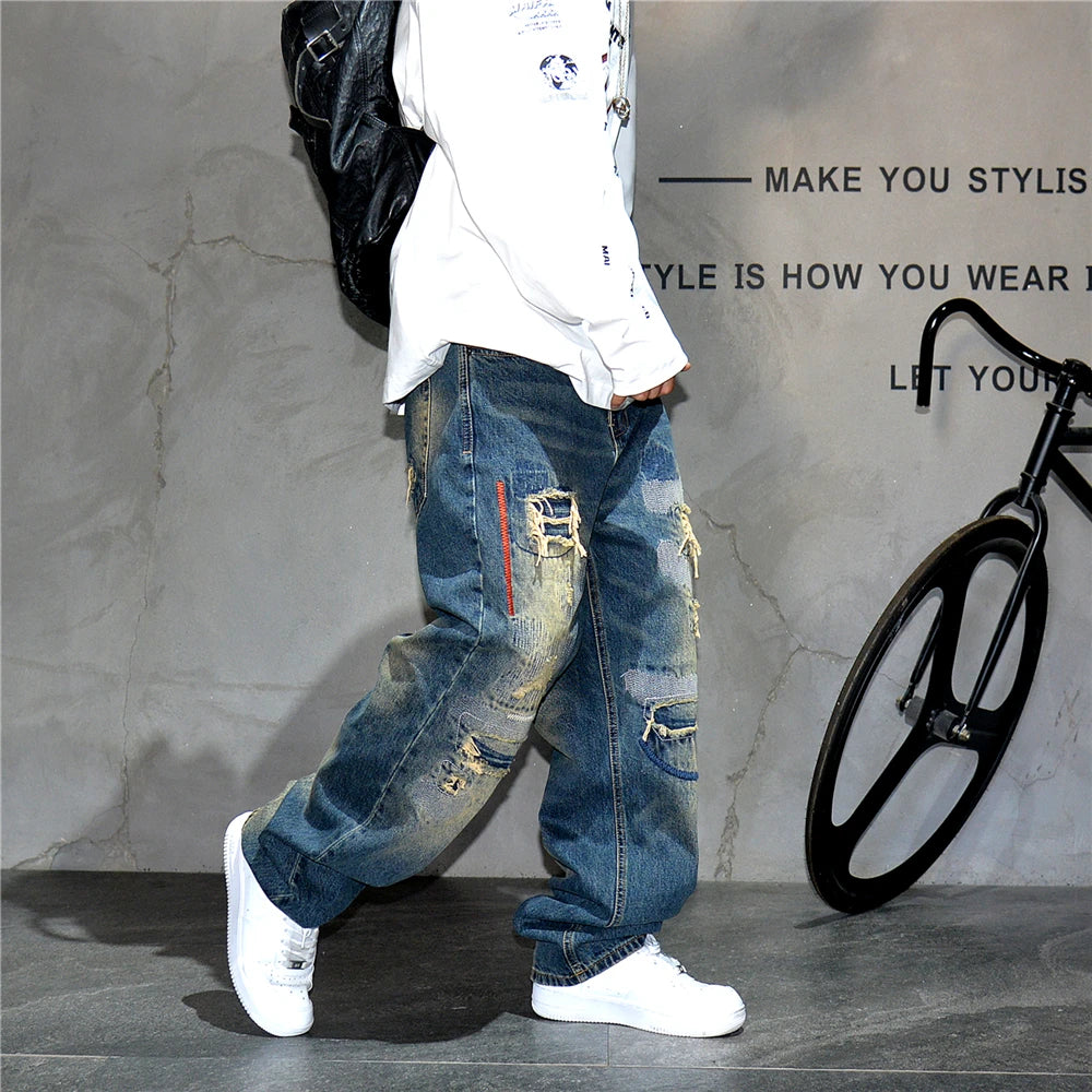 AM26 Ripped Patch Washed Jeans , - Streetwear Jeans - Slick Street