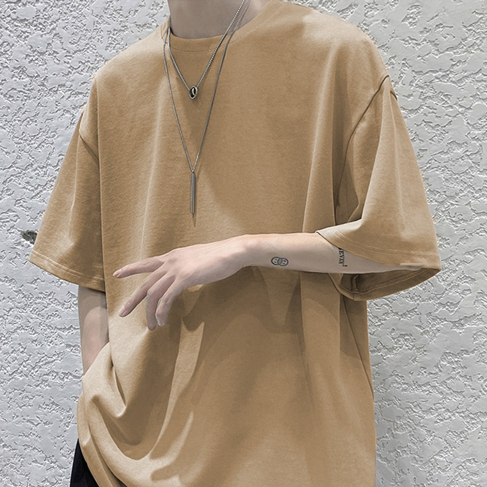 Loose Round Neck Plain T-Shirt , - Streetwear T-Shirts - Slick Street