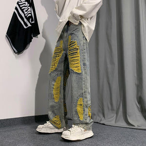 Denim Streetwear Ripped Patches Pants Yellow, XS - Streetwear Pants - Slick Street