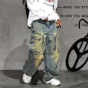 Distressed Denim Cargo Pants , - Streetwear - Slick Street