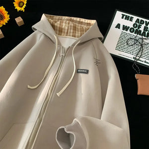 Plain Color Zip-up Loose Hoodie , - Streetwear Hoodie - Slick Street