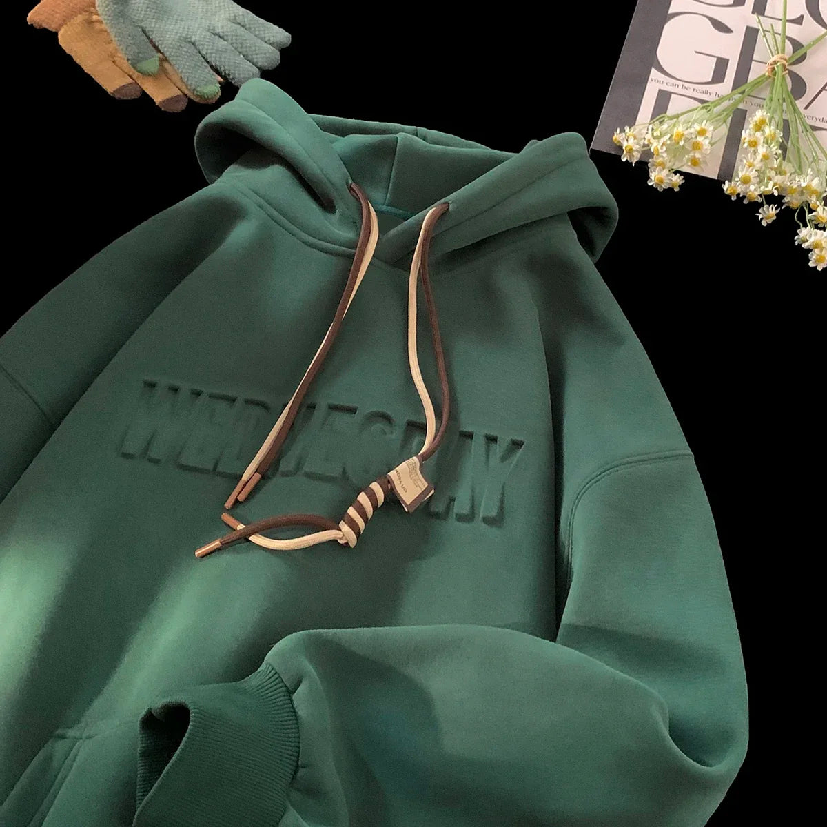 Drawstring Wednesday Embossed Letters Hoodie Dark Green, XS - Streetwear Hoodie - Slick Street