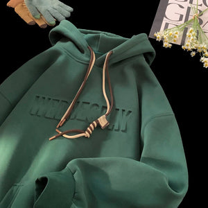 Drawstring Wednesday Embossed Letters Hoodie Dark Green, XS - Streetwear Hoodie - Slick Street