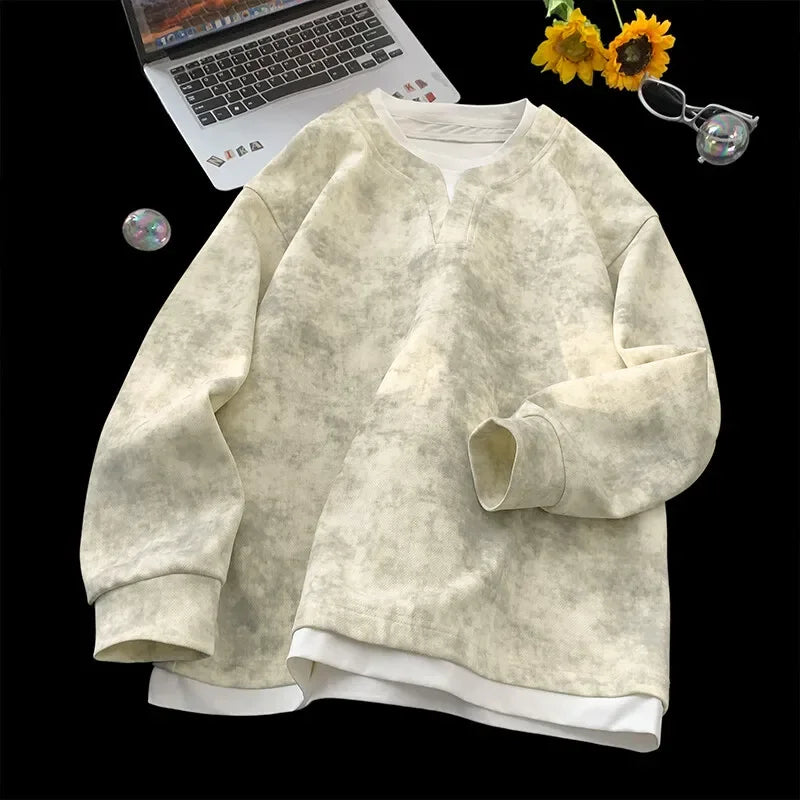 Fake Two Piece Tie-Dye Sweatshirt Khaki, XS - Streetwear Sweatshirt - Slick Street