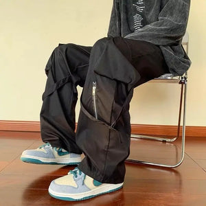 Zipper And Strap Loose Style Pant Black, XS - Streetwear Pants - Slick Street