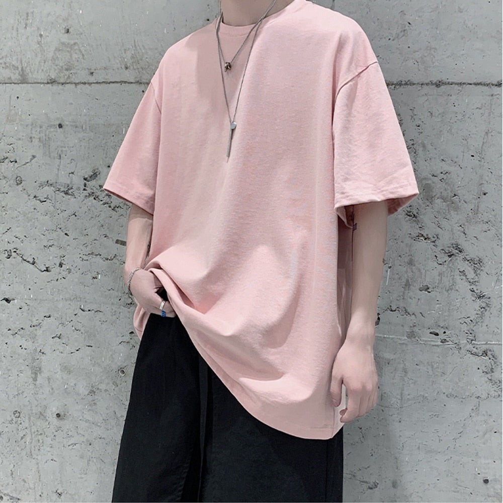 Loose Round Neck Plain T-shirt Pink, S - Streetwear T-Shirt - Slick Street