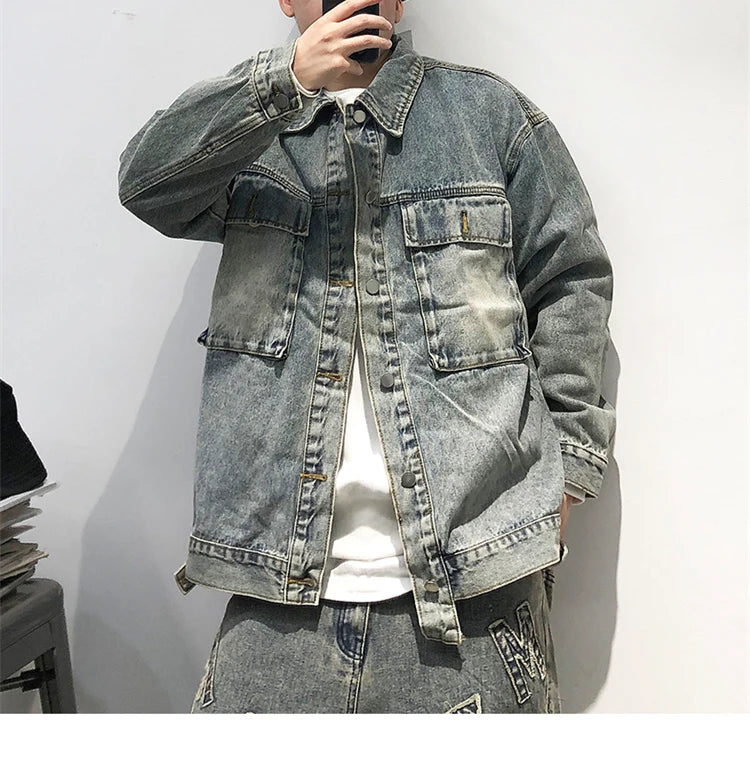 Tied Die Lapel Button Up Jean Jacket ,  - Streetwear Pants - Slick Street