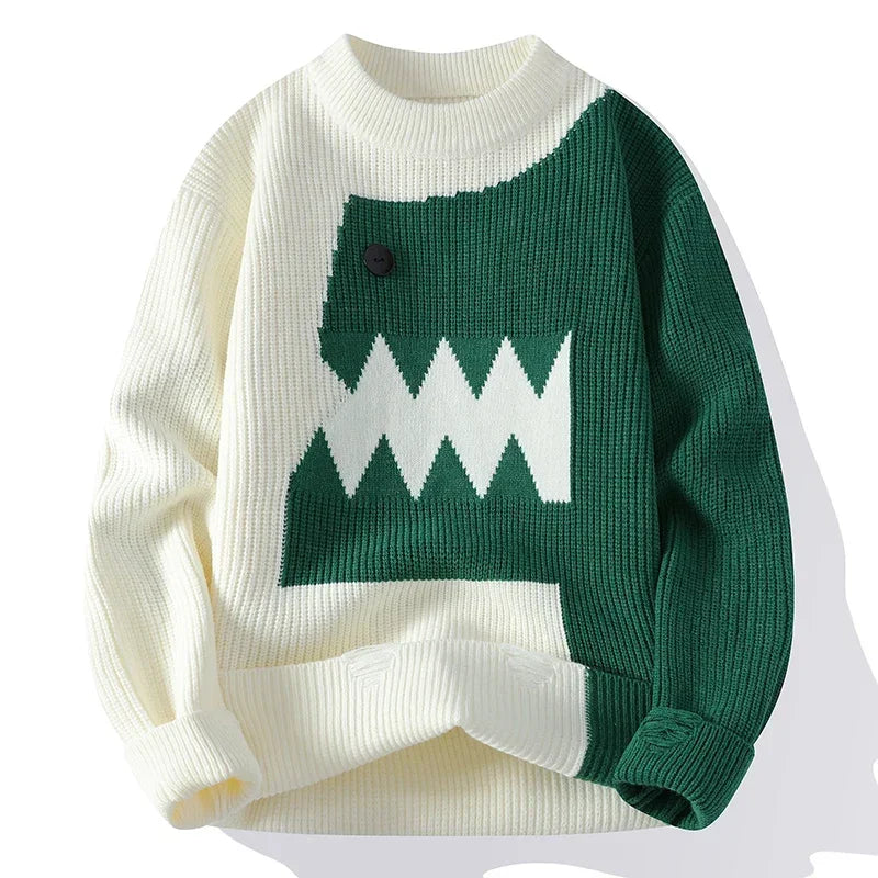 Splicing Half Dinosaur Knitwear Sweater White, XS - Streetwear Sweater - Slick Street