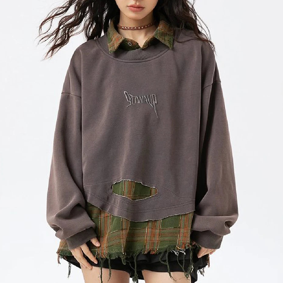 SP Two Pieces Plaid Pullover Sweatshirt , - Streetwear Sweatshirts - Slick Street