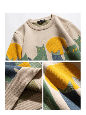 Moonnight Cat Abstract Crew Neck Sweater ,  - Streetwear Sweater - Slick Street