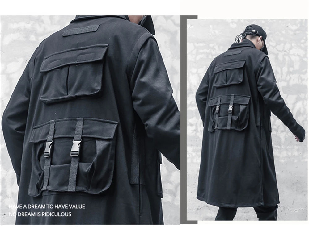 Blackish Gothic Long Trench Multi Pocket  Coat ,  - Streetwear Coat - Slick Street