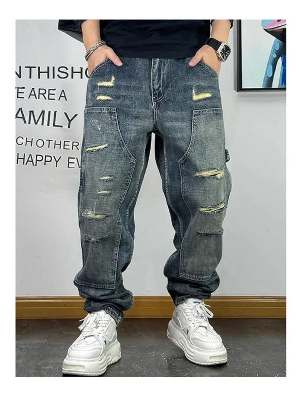 Ripped Denim Carpenter Jeans , - Streetwear Jeans - Slick Street