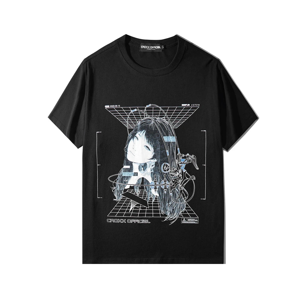 Streetwear Robotic Anime Girl Loose T-Shirt Black, M - Streetwear T-Shirt - Slick Street