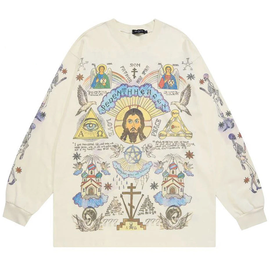 Seventh Heaven Cross Pullover Sweatshirt Beige, M - Streetwear Sweatshirts - Slick Street