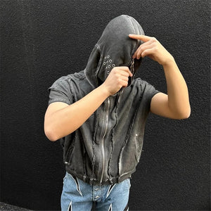 Punk Rock Gothic Ripped Style Sleeveless Hoodie ,  - Streetwear Hoodie - Slick Street