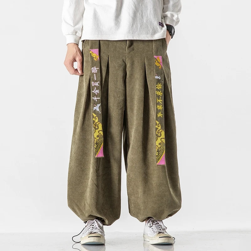 Corduroy Embroidered Baggy Style Pants XS, Green - Streetwear Pants - Slick Street