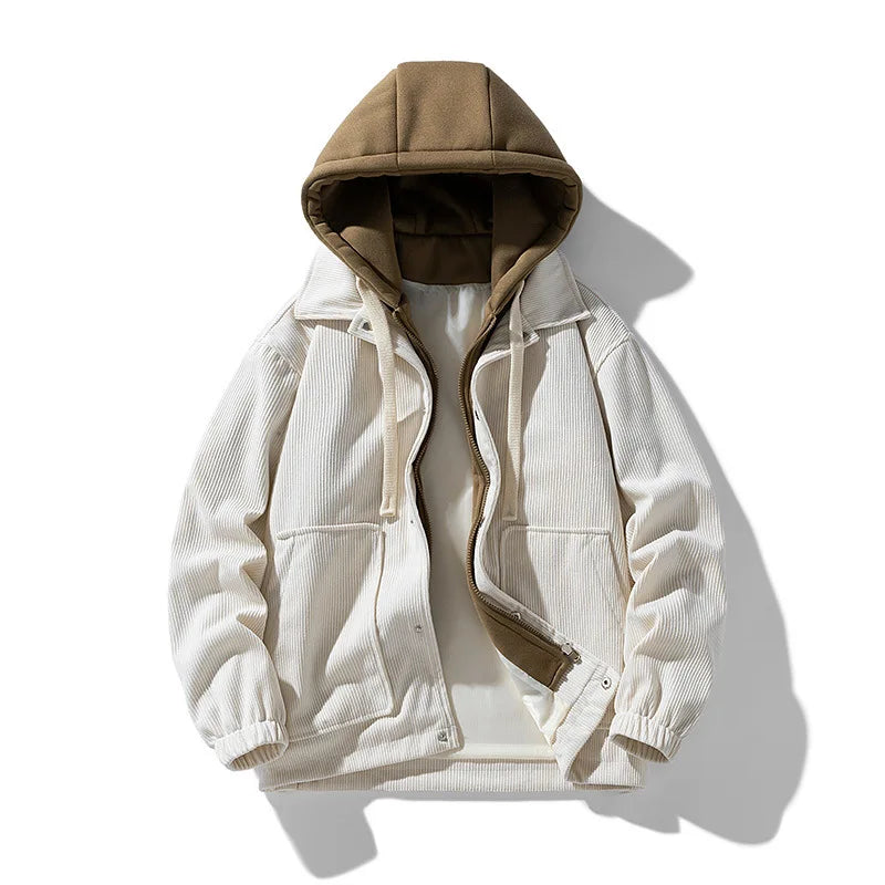 Corduroy Two Shade Elastic Waist And Sleeve Hoodie White, XS - Streetwear Hoodie - Slick Street