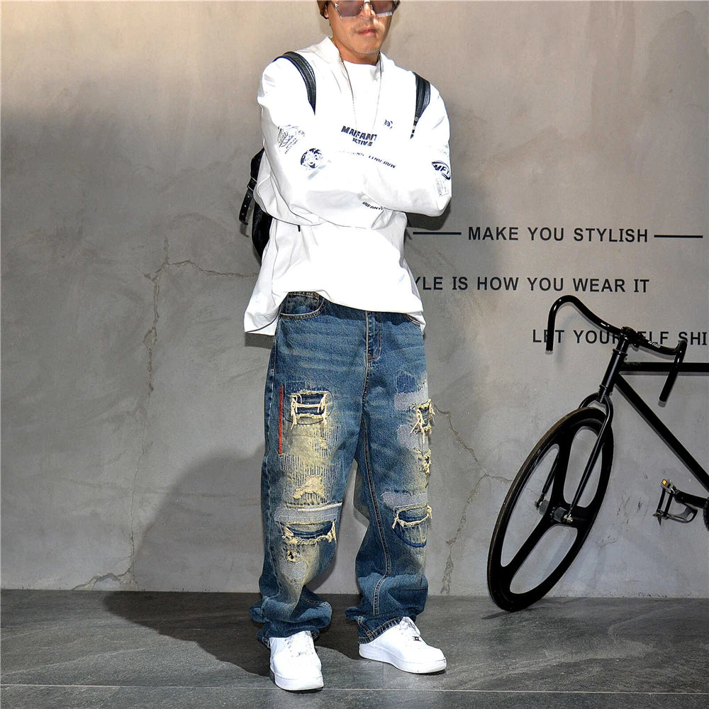 AM26 Ripped Patch Washed Jeans , - Streetwear Jeans - Slick Street