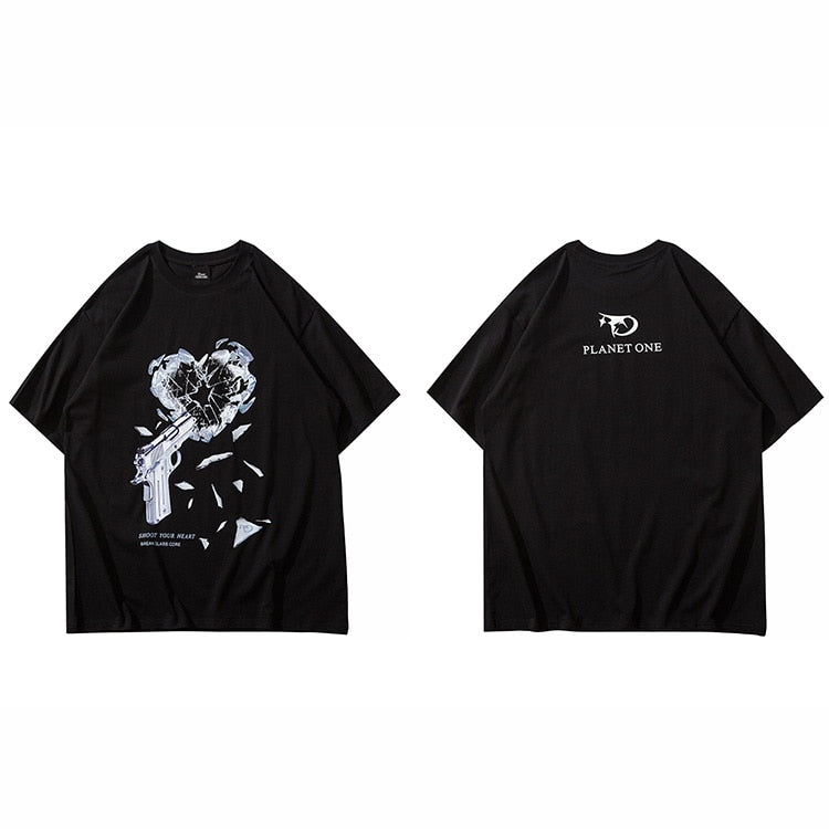 PLANET ONE SHOOT YOUR HEART T-Shirt Black, M - Streetwear T-Shirt - Slick Street