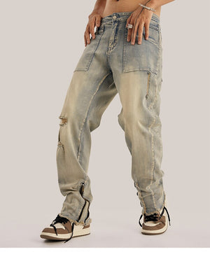 Retro Distressed Ankle Zipper Style Pants ,  - Streetwear Pants - Slick Street