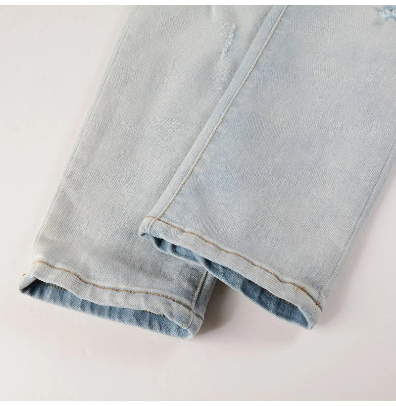 Pale Blue Cracked Pleated Pants , - Streetwear Pants - Slick Street