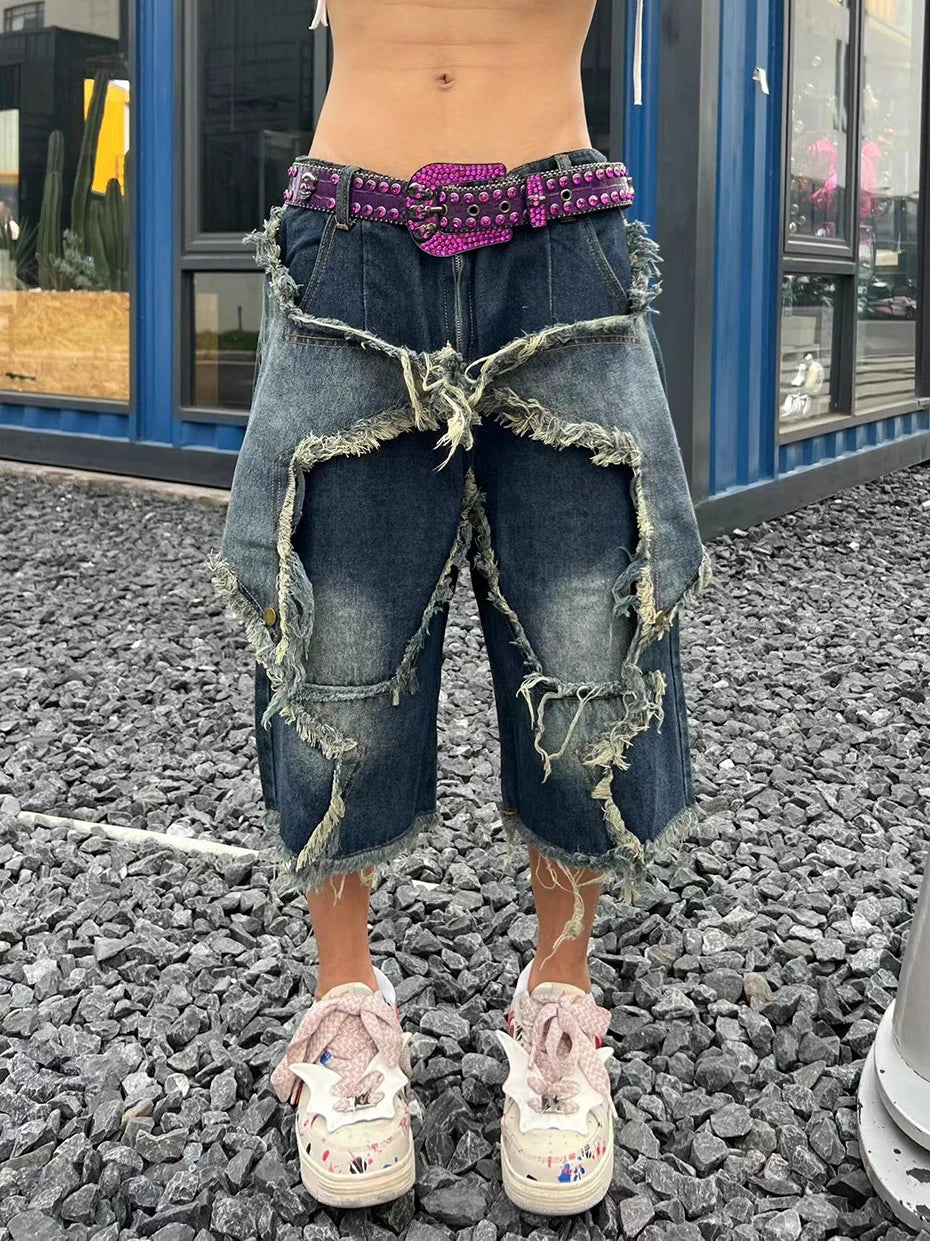 Blue Denim Tassel Star Shorts , - Streetwear Shorts - Slick Street