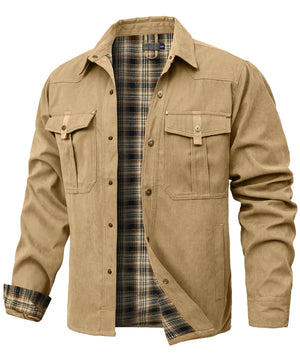 Flannel Lined Plaid Button-Up Jacket Khaki, S - Streetwear Jacket - Slick Street