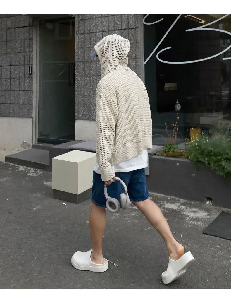 Hollow Knitted Cardigan Long Sleeve Hooded ,  - Streetwear Hoodie - Slick Street