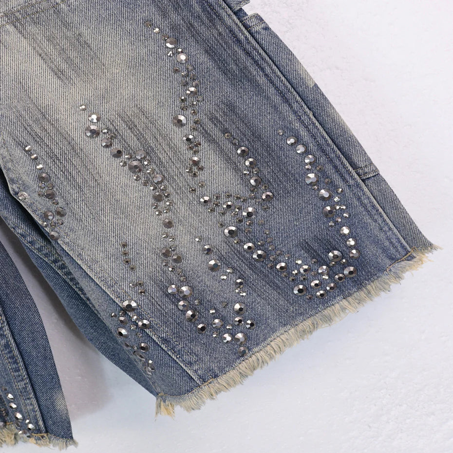 Fire Diamond Denim Rhinestone Shorts , - Streetwear Shorts - Slick Street