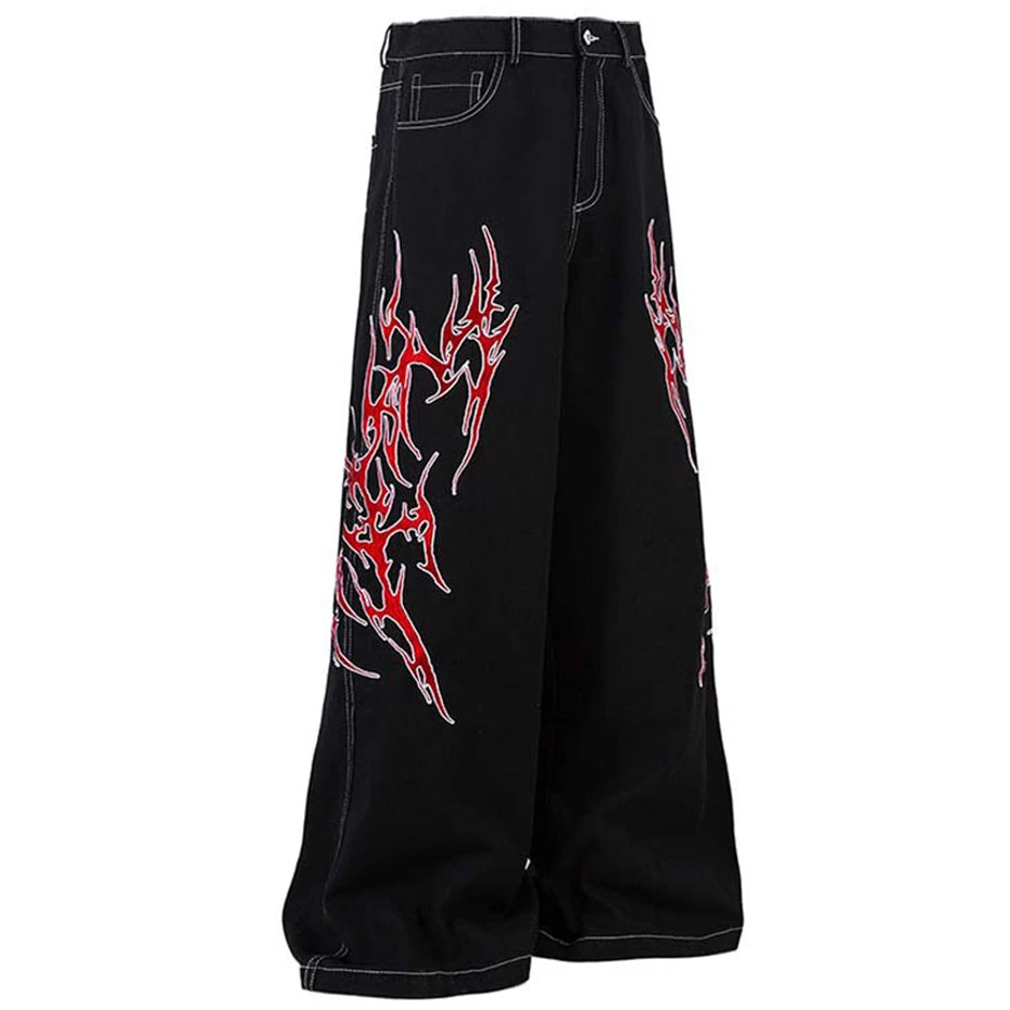 Flame Embroidery Straight Leg Pants , - Streetwear Pants - Slick Street