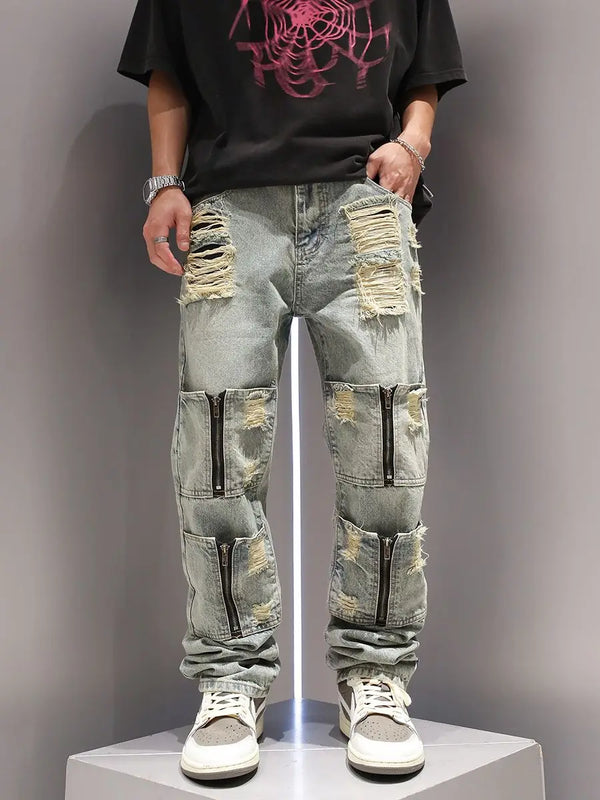 SK5 Multi Zipper Ripped Jeans ,  - Streetwear Pants - Slick Street