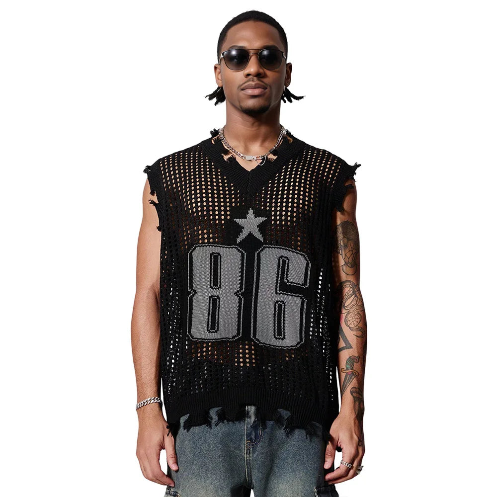 Number 86 Mesh Sleeveless Distressed Vest , - Streetwear Vest - Slick Street