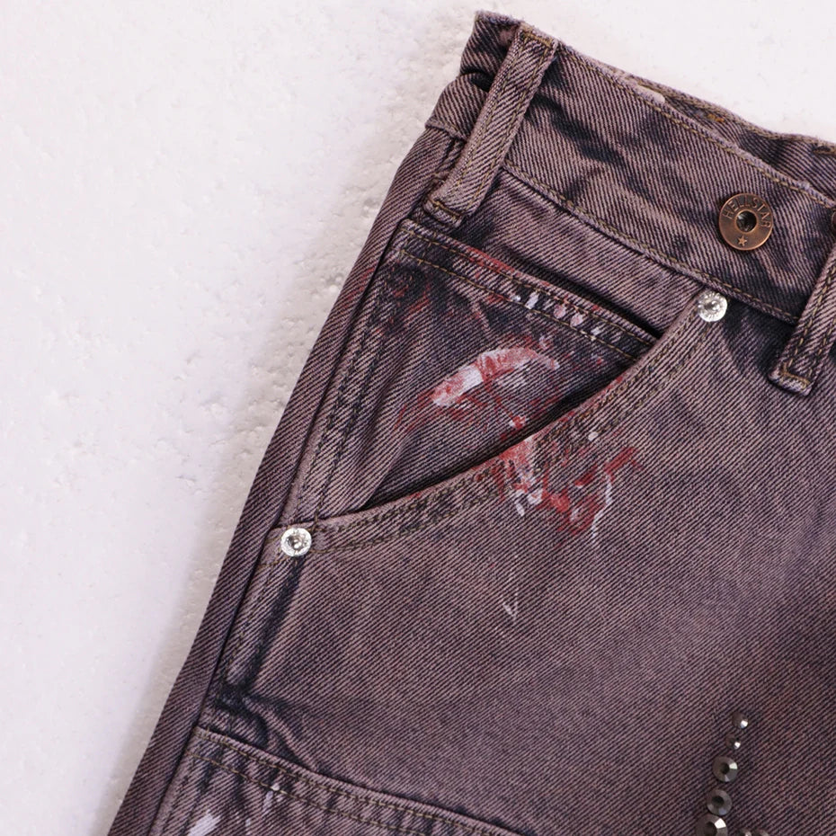 Fire Diamond Denim Rhinestone Shorts , - Streetwear Shorts - Slick Street