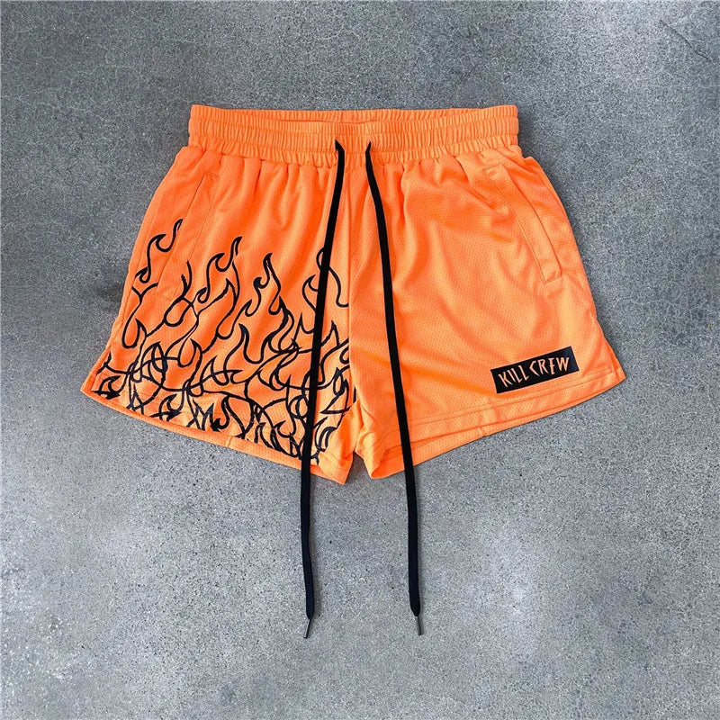 Hot Rod Fire Flame Pattern Shorts Orange, M - Streetwear Shorts - Slick Street