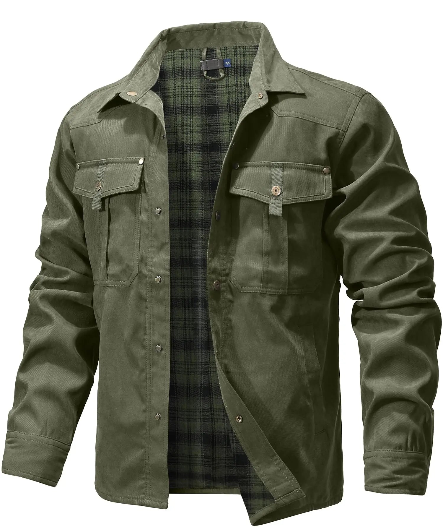Flannel Lined Plaid Button-Up Jacket Army Green, S - Streetwear Jacket - Slick Street