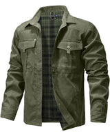 Flannel Lined Plaid Button-Up Jacket Army Green, S - Streetwear Jacket - Slick Street