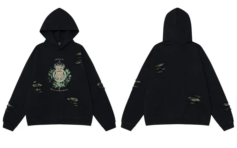 Vintage Ripped Hole Elastic Waist Hoodie Black, M - Streetwear Hoodie - Slick Street