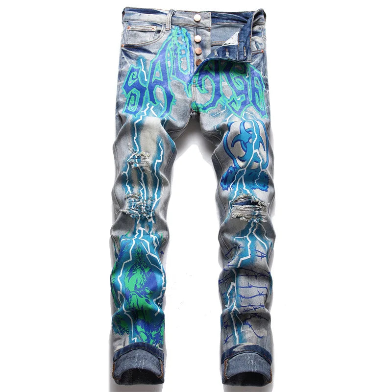 SAVAGE Letters Lightning Ripped Pants Blue, 27 - Streetwear Pants - Slick Street