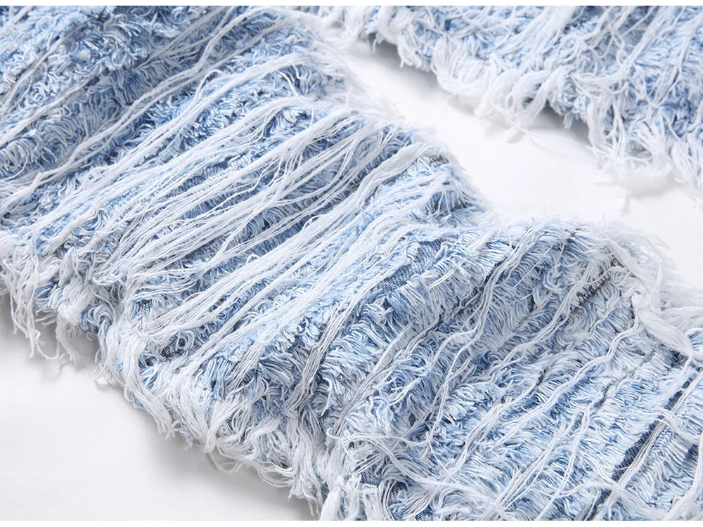 Light Blue Fringe Destroyed Pants , - Streetwear Pants - Slick Street