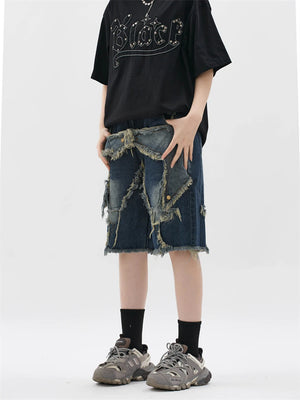 Blue Denim Tassel Star Shorts , - Streetwear Shorts - Slick Street